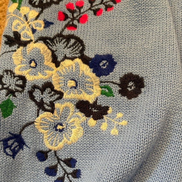 LOFT Sky Blue Crewneck Sweater with Embroidered Floral Puff Sleeves - Picture 3 of 6